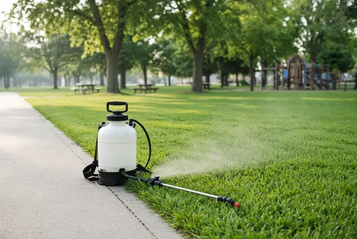 Backpack sprayer treating the edge of a park lawn beside a walking path