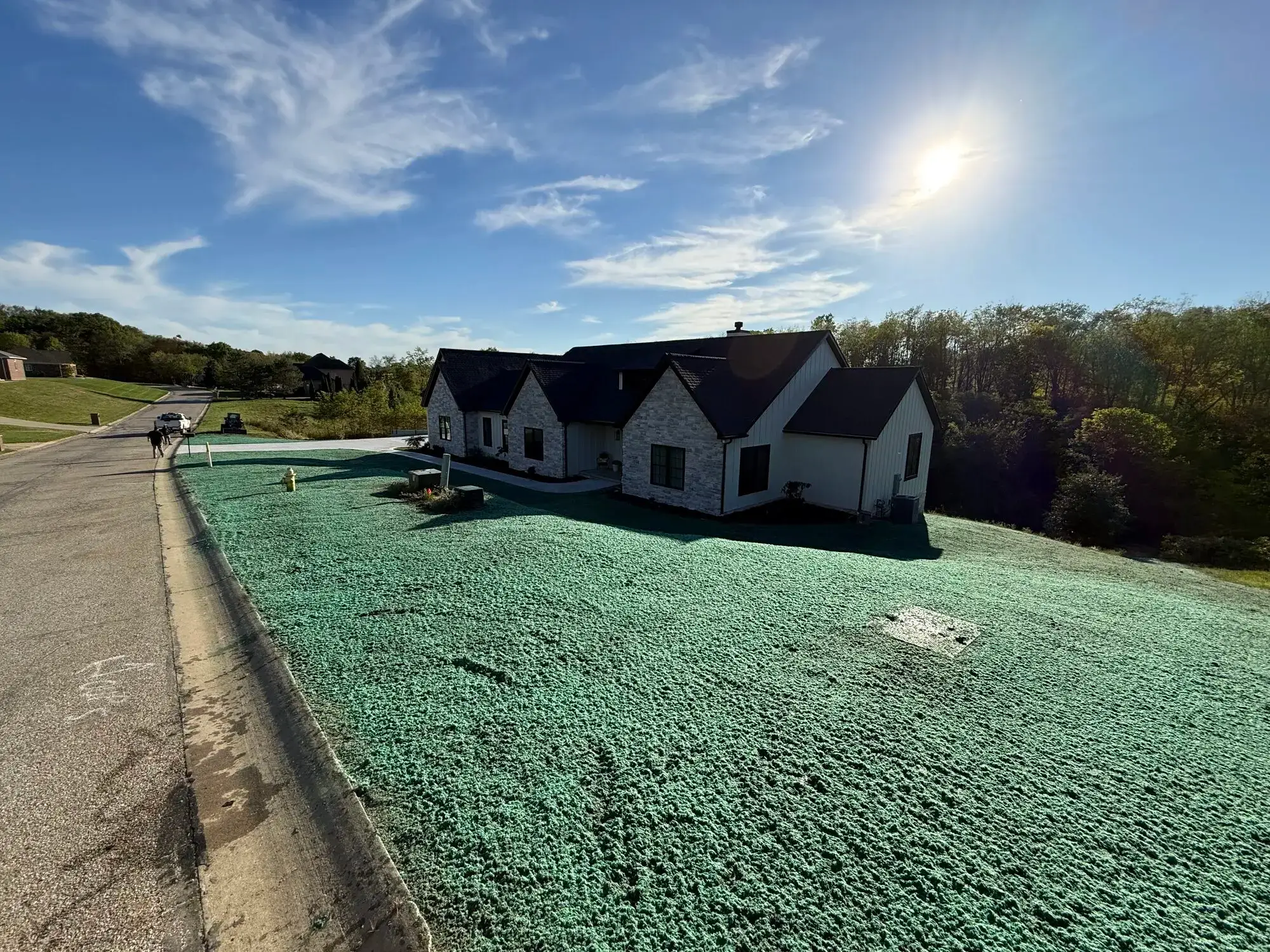 Newly hydroseeded lawn in front of a house