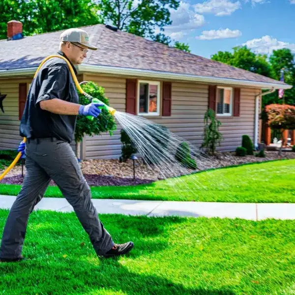 Technician treating a front lawn with a hose-end sprayer