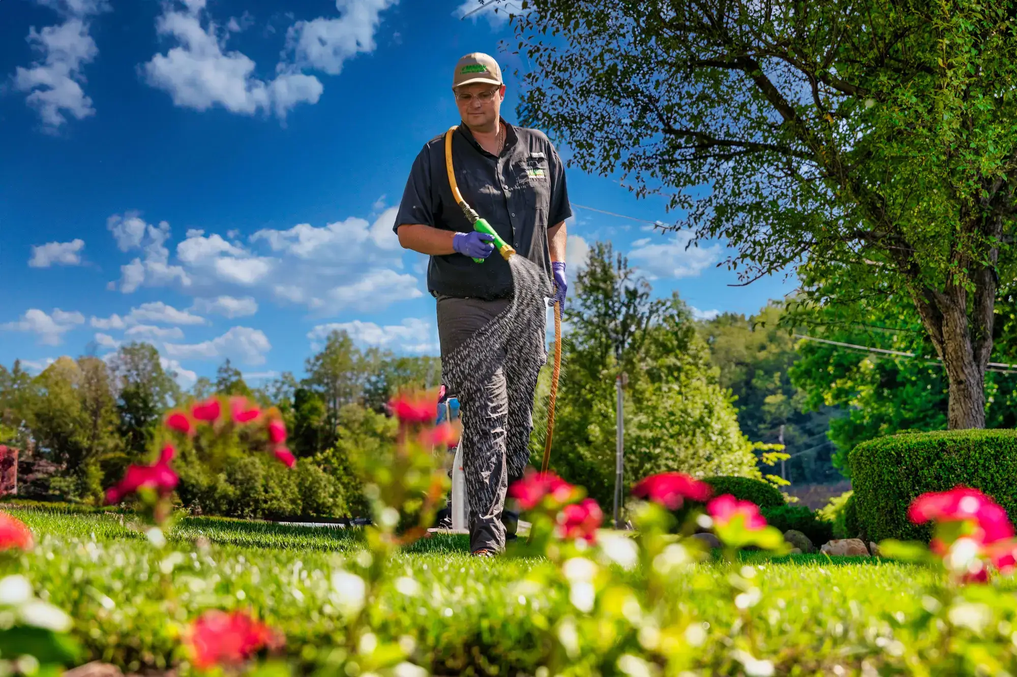 Technician applying a yard treatment along a garden bed