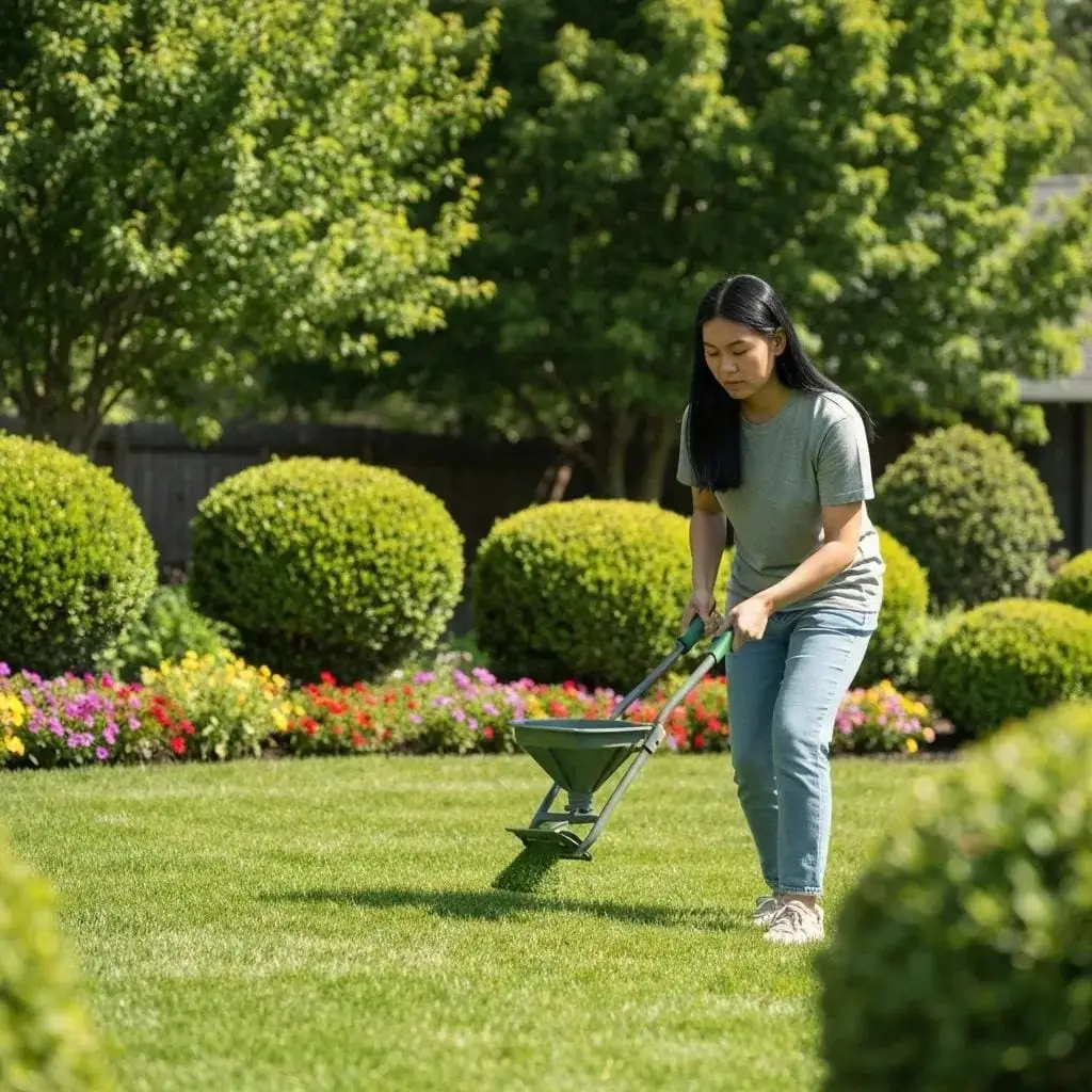 A homeowner is shown fertilizing and overseeding a freshly aerated lawn, emphasizing the importance of post-aeration care