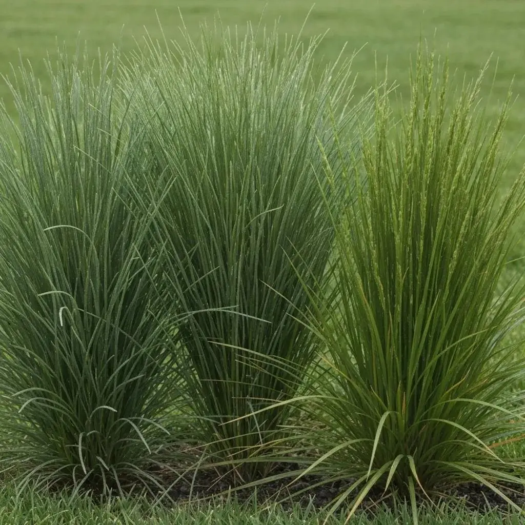 Various types of cool-season grasses in a sunlit yard, illustrating their impact on aeration timing