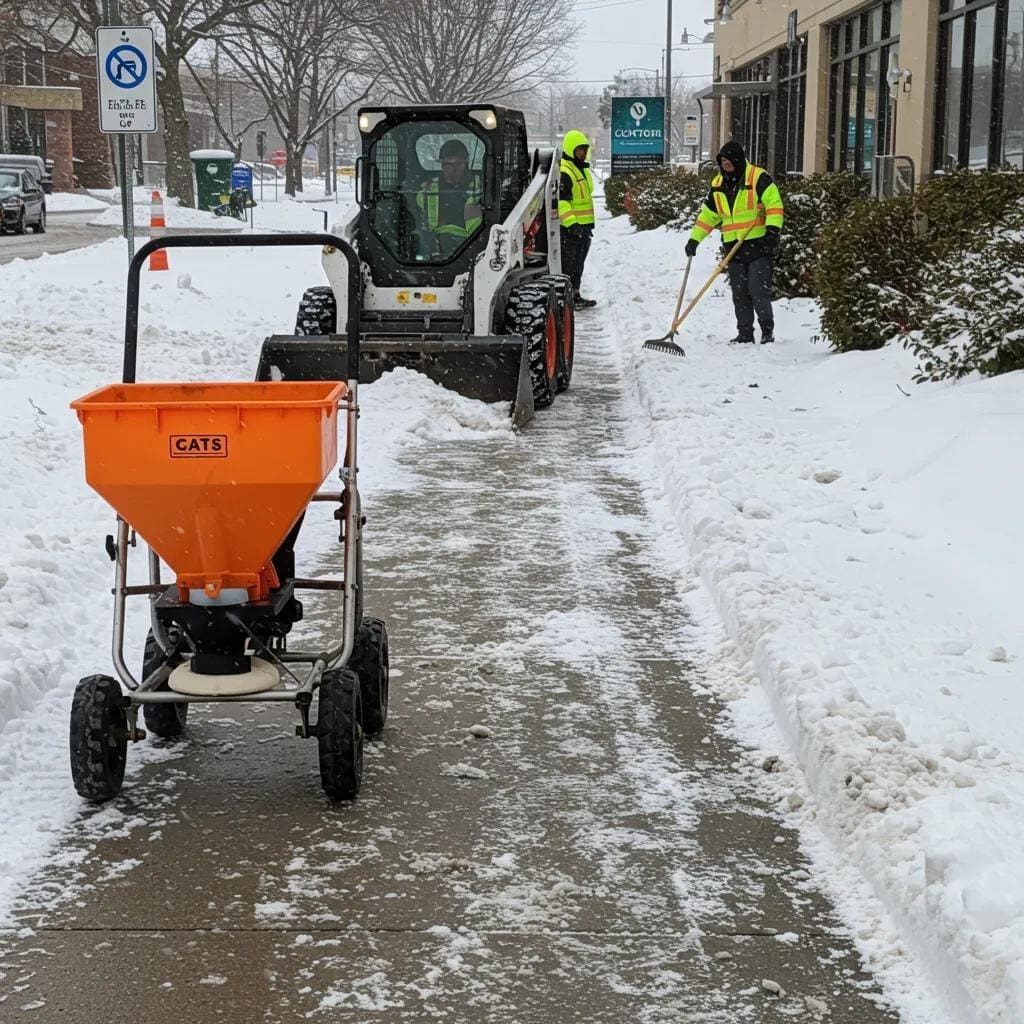 Crew clearing snow from a sidewalk to enhance safety and reduce liability