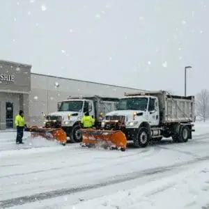 Professional snow removal team clearing a commercial parking lot during winter